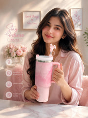 40 Oz Marble Stainless Steel Large Tumblers with Bow Stopper 🌸 Hot / Cold 🔥❄