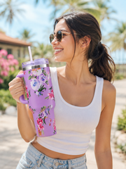 Premium Floral Stainless Steel Tumbler with Handle & Straw – 40 Oz / 1200 ml Capacity