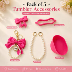 Pack of 5 Tumbler Accessories Set – Pink Bow Edition | Pearl Charm, Silicone Boot & Handle Kit