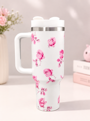 Premium Floral Stainless Steel Tumbler with Handle & Straw – 40 Oz / 1200 ml Capacity