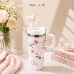 Blossom Floral Small Size Stainless Steel Tumbler + Straw with Bow Stopper ( 2O Oz / 420 ml )