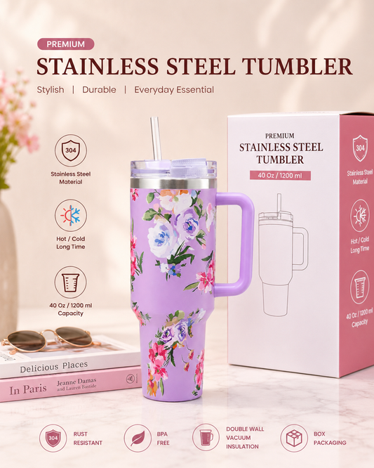 Premium Floral Stainless Steel Tumbler with Handle & Straw – 40 Oz / 1200 ml Capacity