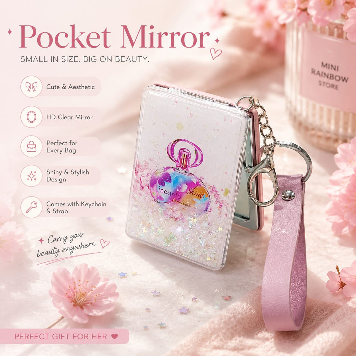 Premium Acrylic Water Glitter Filled Double-Sided Pocket Mirror Keychain – 9 × 6 cm