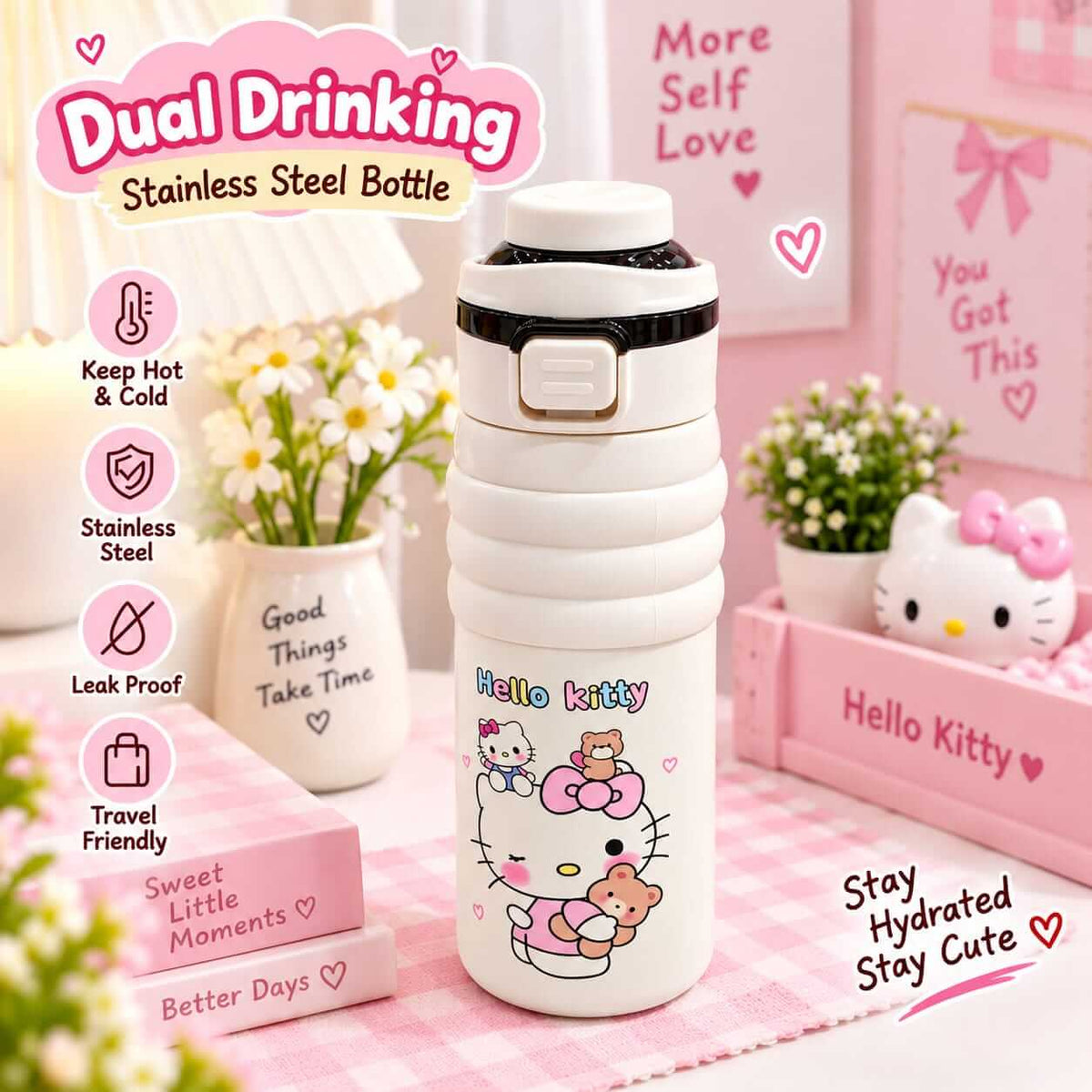 Hello Kitty Stainless Steel Dual Drinking Premium Water Bottle - Sus 316 - 650 ml