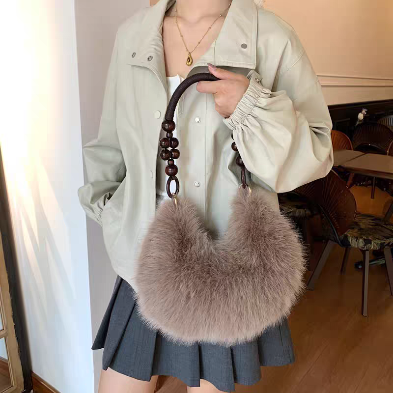 Luxury Faux Fur Plush Shoulder Bag with Wooden Beaded Handle
