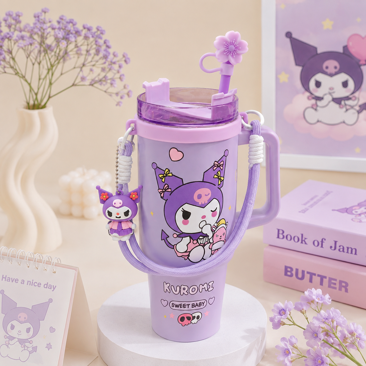 Original Sanrio Stainless Steel Insulated Tumbler with Handle, Straw, Keychain & Stopper | 30 Oz / 890 ML | Hot & Cold