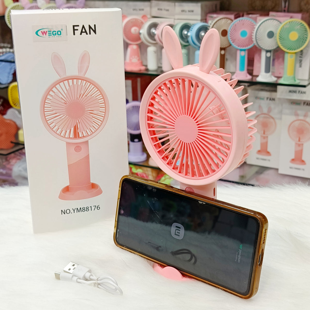 Cute Bunny Mini Rechargeable Hand Fan – Portable 3 Speed USB Fan for Kids & Travel ( Size : 20 × 10 cm )