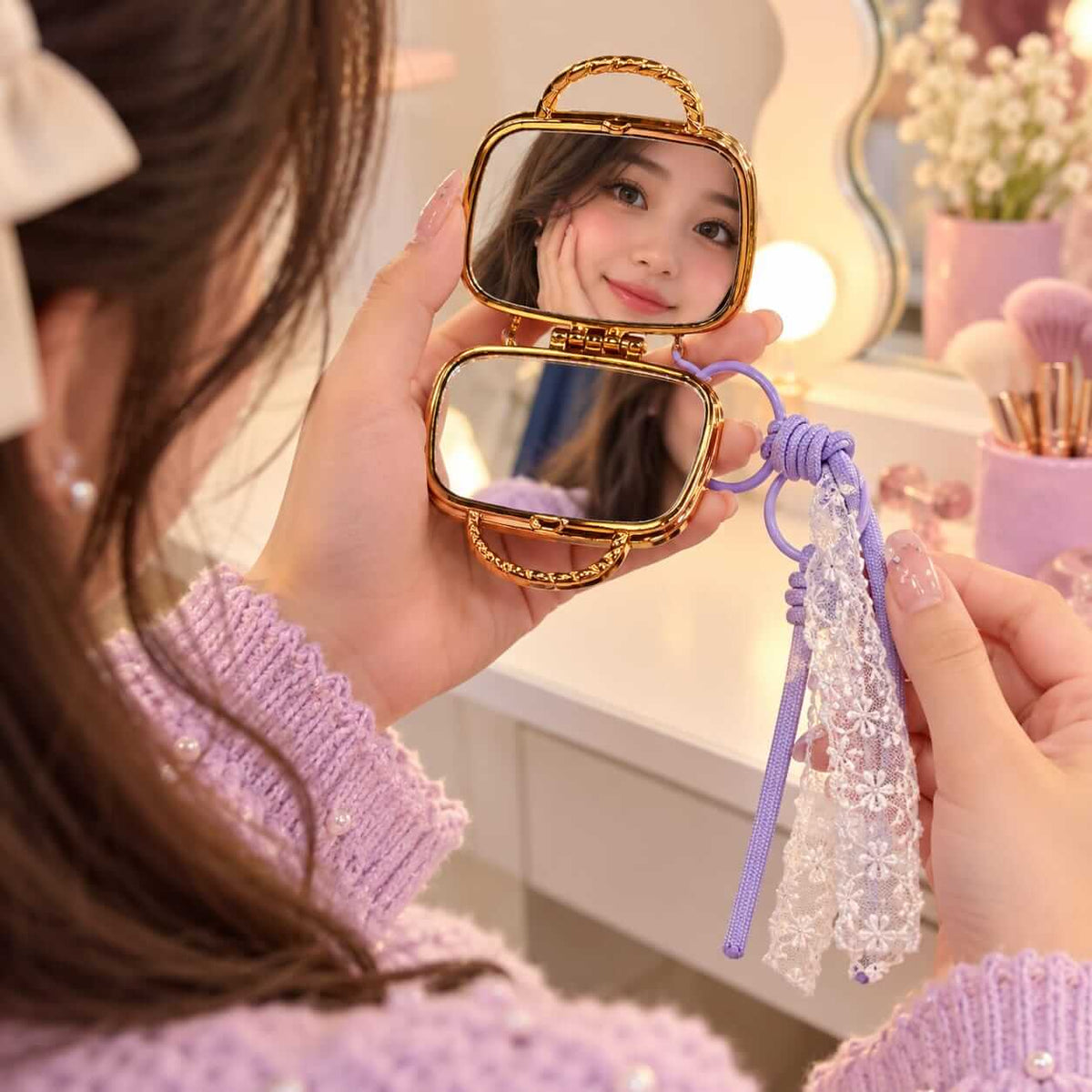 Cute Mini Mirror Keychain with Lace Tassel Charm Keychain