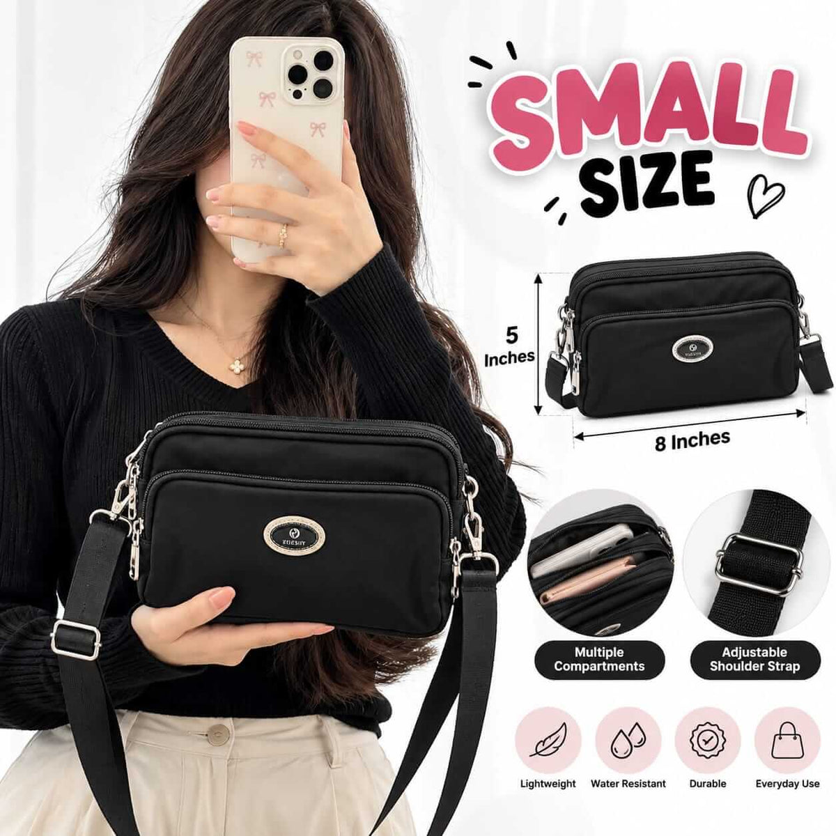 Parachute 3 Zipp Ladies Small Size Crossbody Bags ( Size 8 × 5 inch )