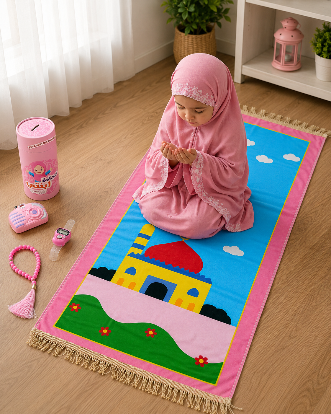 5-Piece Kids Prayer Set for Boys & Girls – Prayer Mat, Tasbih, Digital Tally Counter, Toy Camera & Money Saving Box