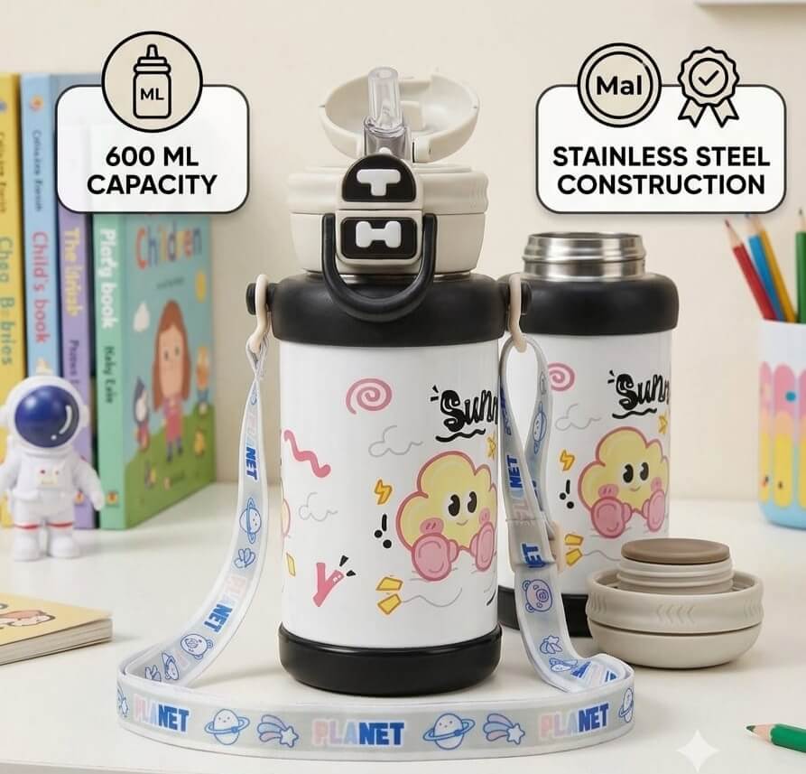 Sunny Day™ Stainless Steel Dual Drinking Kids Water Bottles with Strap - 600 ml - Hot | Cold ❄🔥