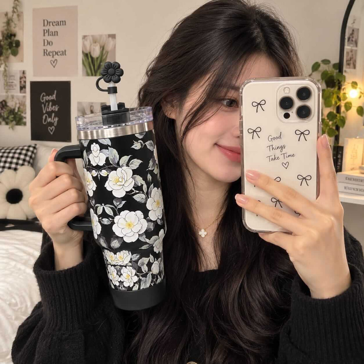40 Oz Stainless Steel Floral Tumblers with Straw Stopper & Silicone Boot