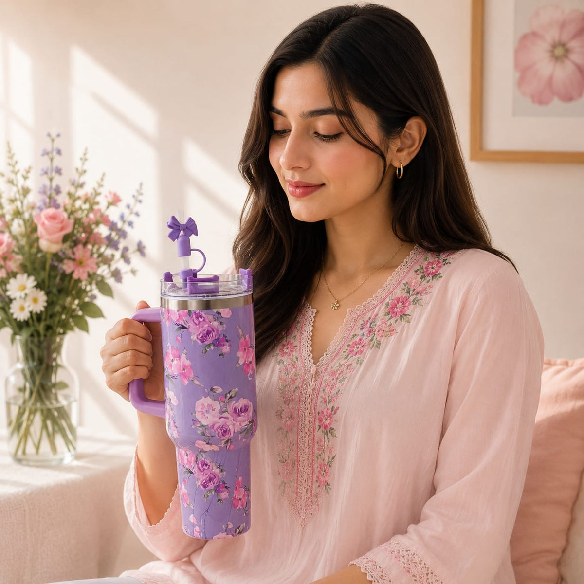 40 Oz Stainless Steel Floral Tumbler with Bow Stopper – Hot & Cold ❄🔥