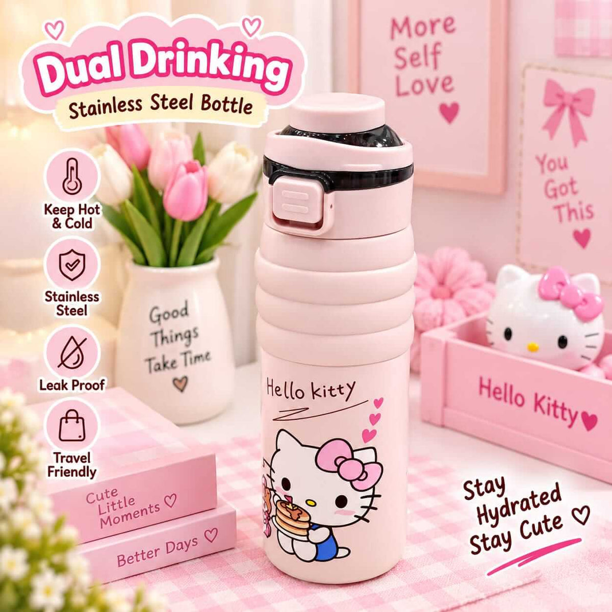 Hello Kitty Stainless Steel Dual Drinking Premium Water Bottle - Sus 316 - 650 ml