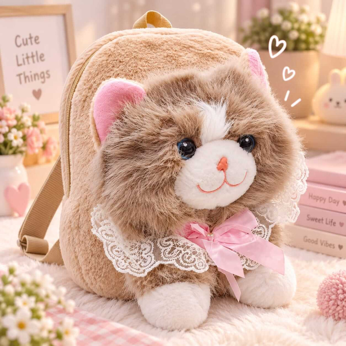 Fluffy Cat Plush Backpack for Girls – Small Size | 12 × 10 Inch