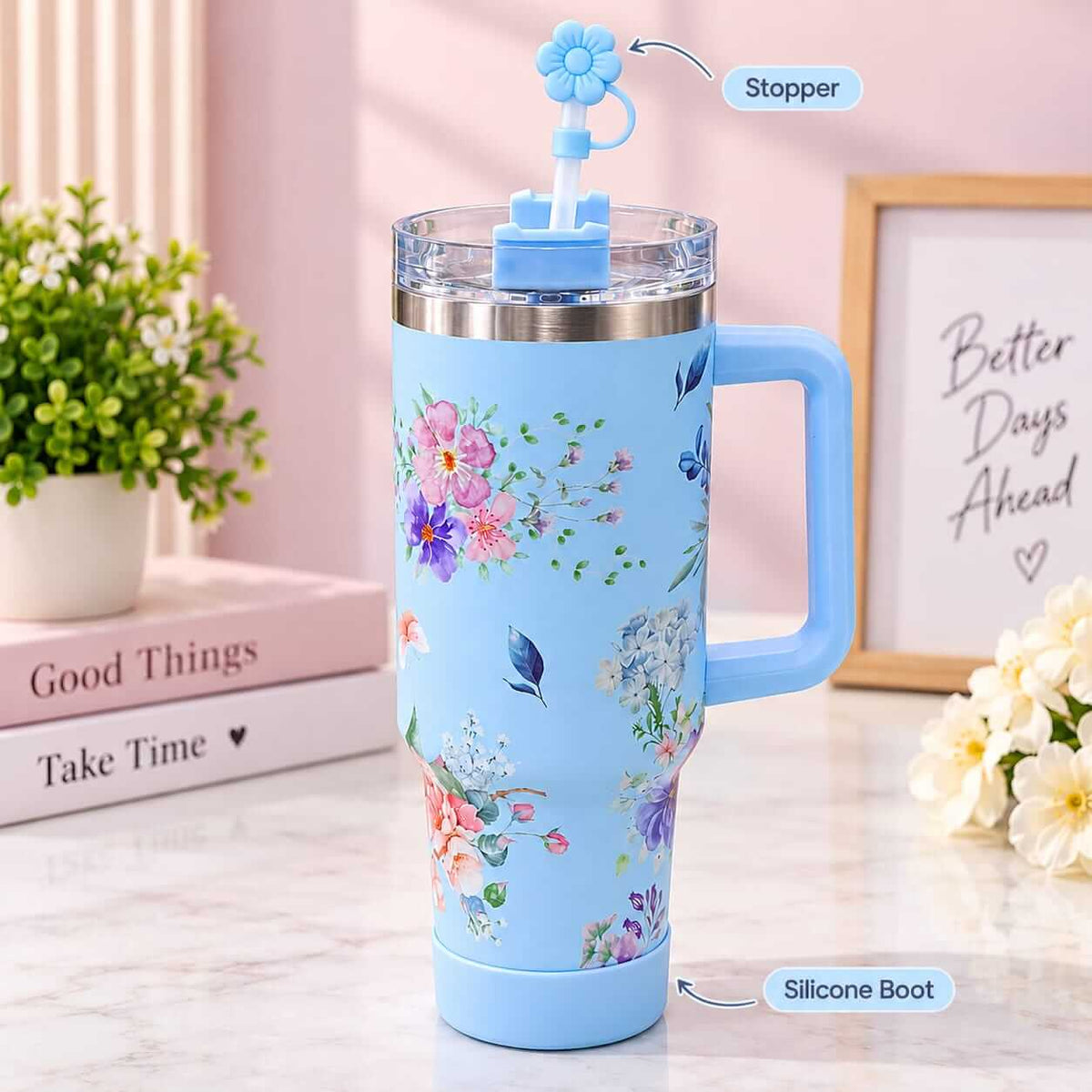 40 Oz Stainless Steel Floral Tumblers with Straw Stopper & Silicone Boot