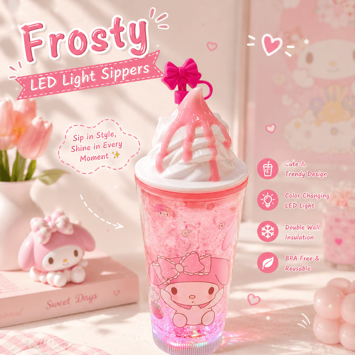 Sanrio Led Light Jelly Frosty Sippers ❄️ Built-in Freezer Gel Cooling 🌈 Color Chaging Lights With Bow Stopper