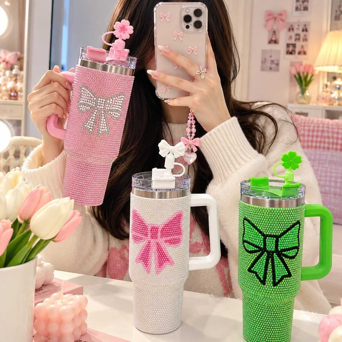 Premium Rhinestone Stainless Steel Tumblers with Straw Topper - 40 Oz | 1200 Ml