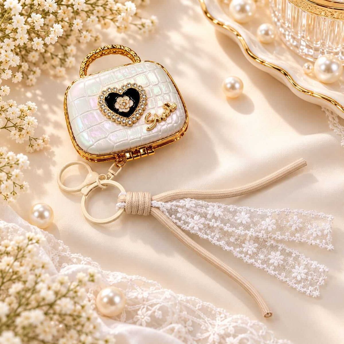Cute Mini Mirror Keychain with Lace Tassel Charm Keychain