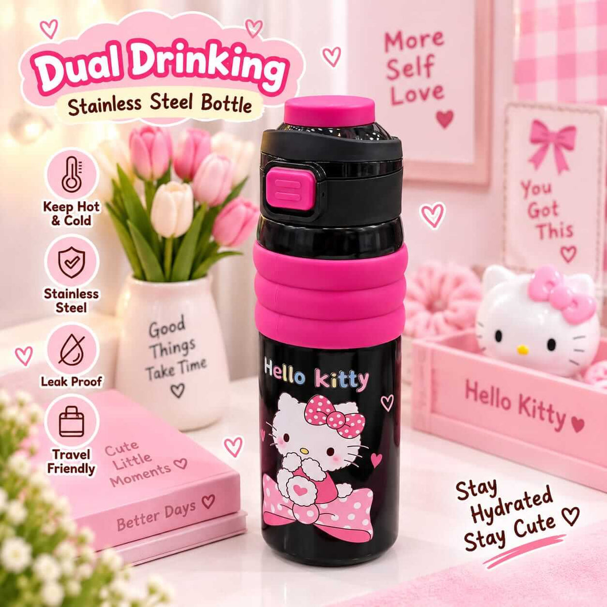 Hello Kitty Stainless Steel Dual Drinking Premium Water Bottle - Sus 316 - 650 ml