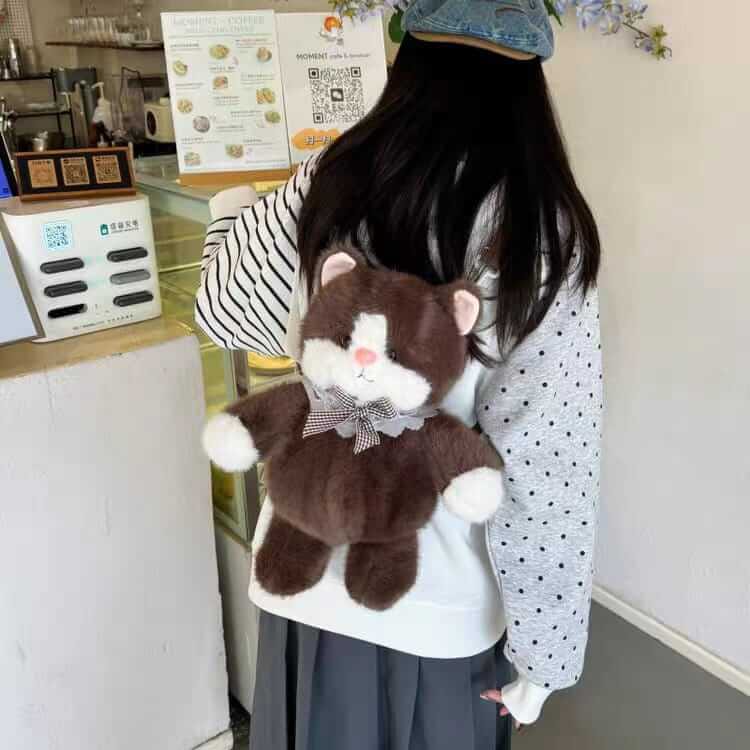 New Plush Large Cat Backpacks - Zipper Pocket - 15 × 8 Inch