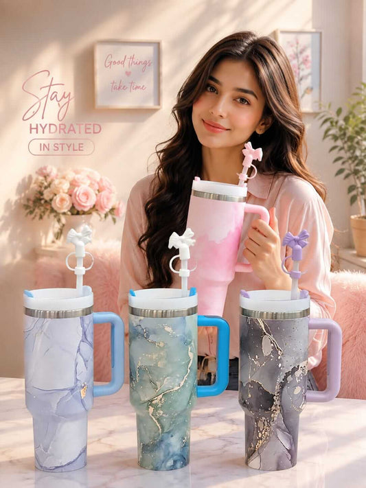 40 Oz Marble Stainless Steel Large Tumblers with Bow Stopper 🌸  Hot / Cold 🔥❄