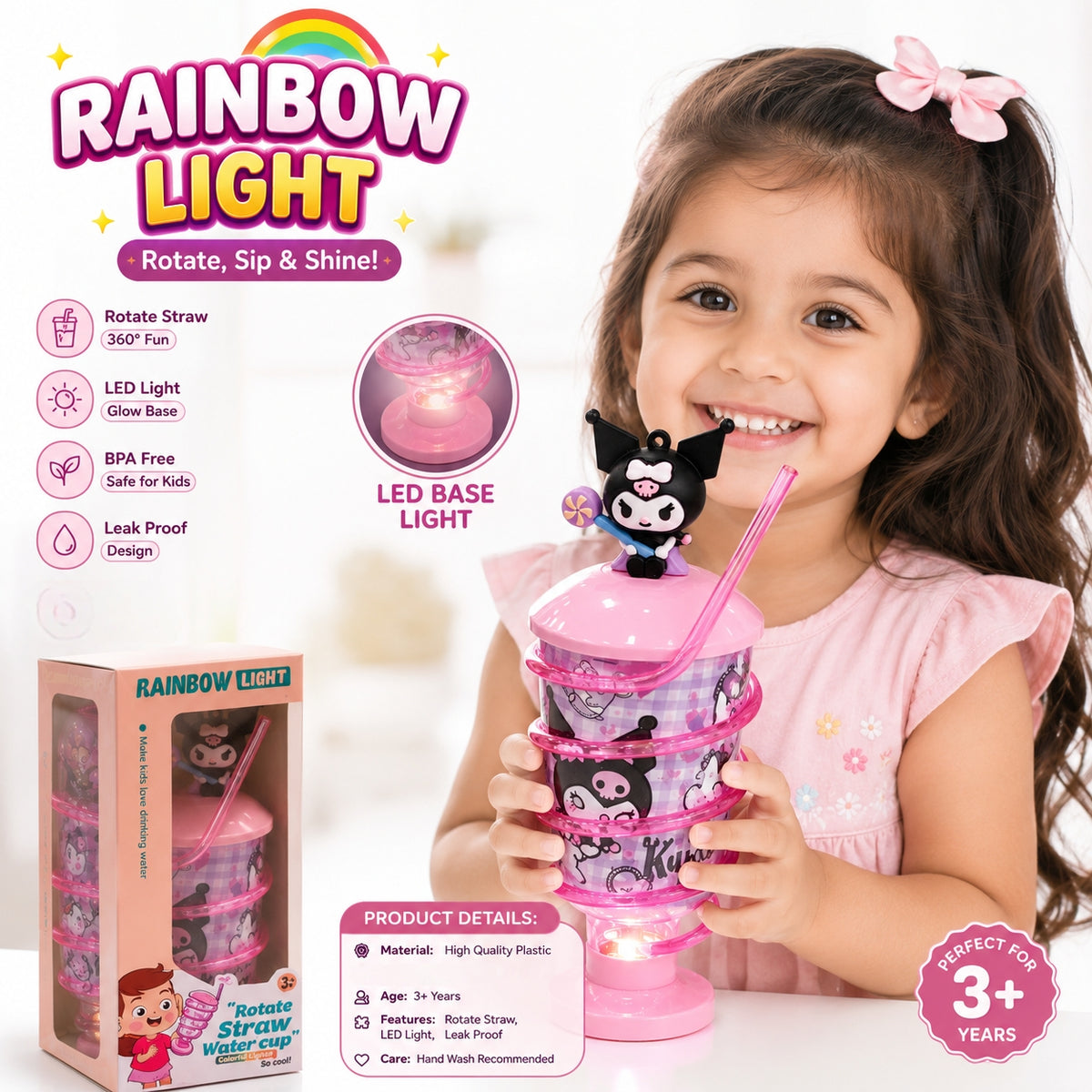 Led Light Spiral Straw Cup for Kids |  Rotating Straw