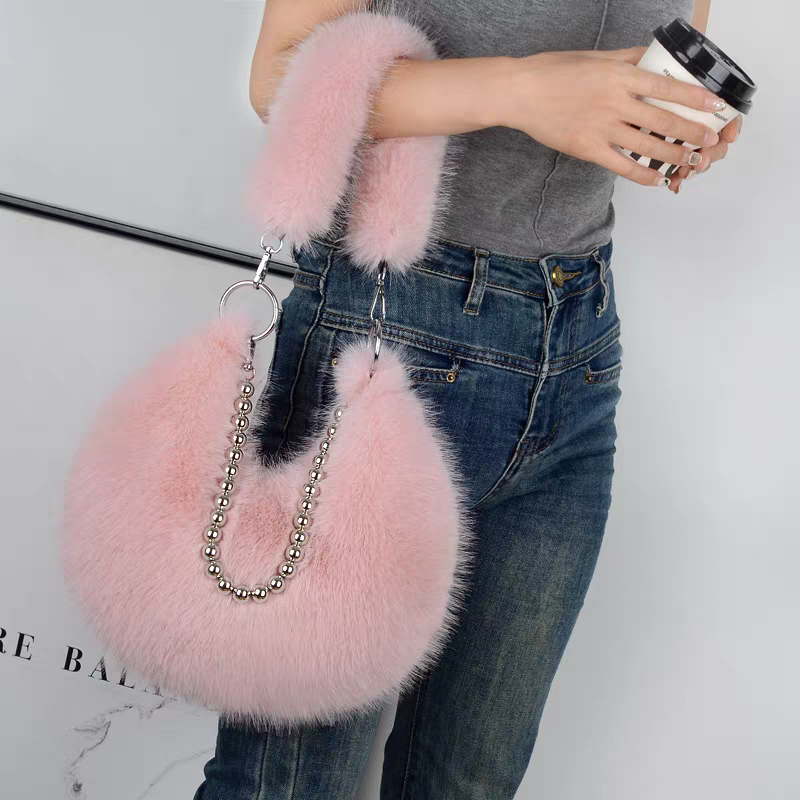 Luxury Faux Fur Plush Shoulder Bag with Pearl Chain Handle | Zipper Pocket