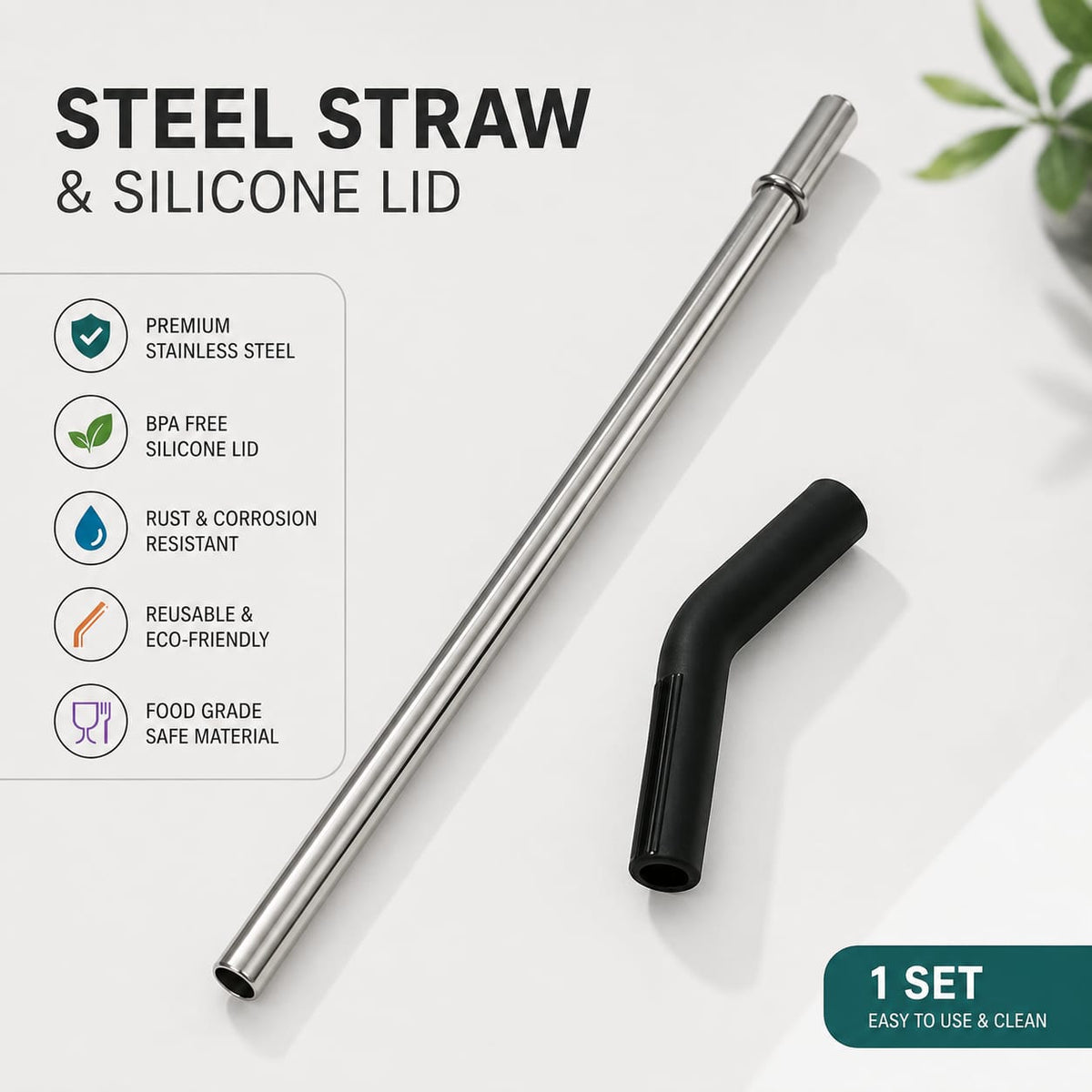 Premium Stainless Steel Straw with Food-Grade Silicone Lid