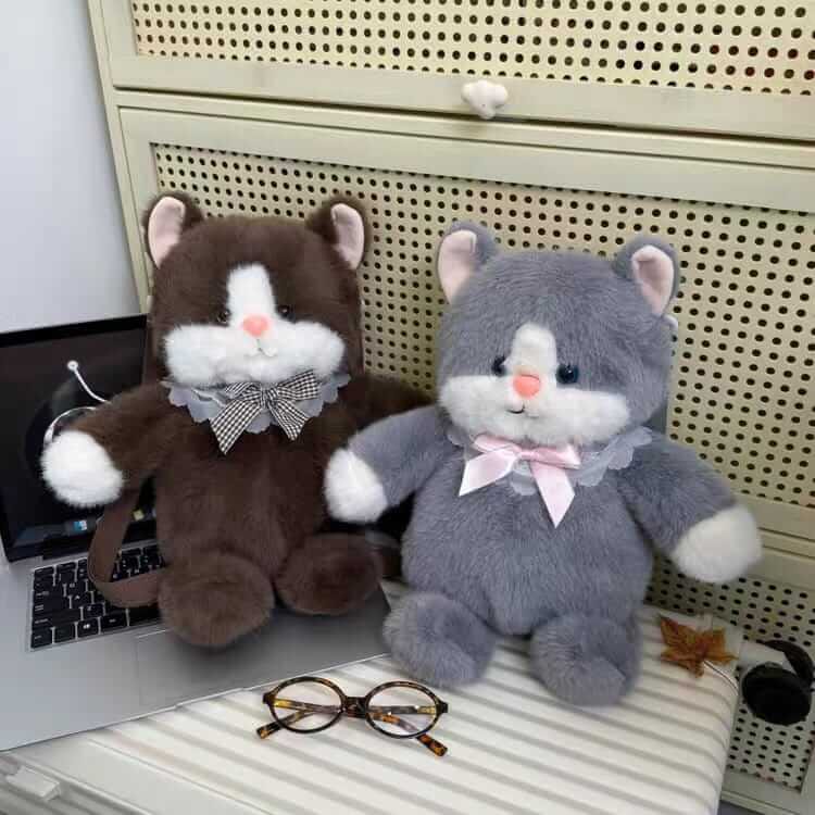 New Plush Large Cat Backpacks - Zipper Pocket - 15 × 8 Inch