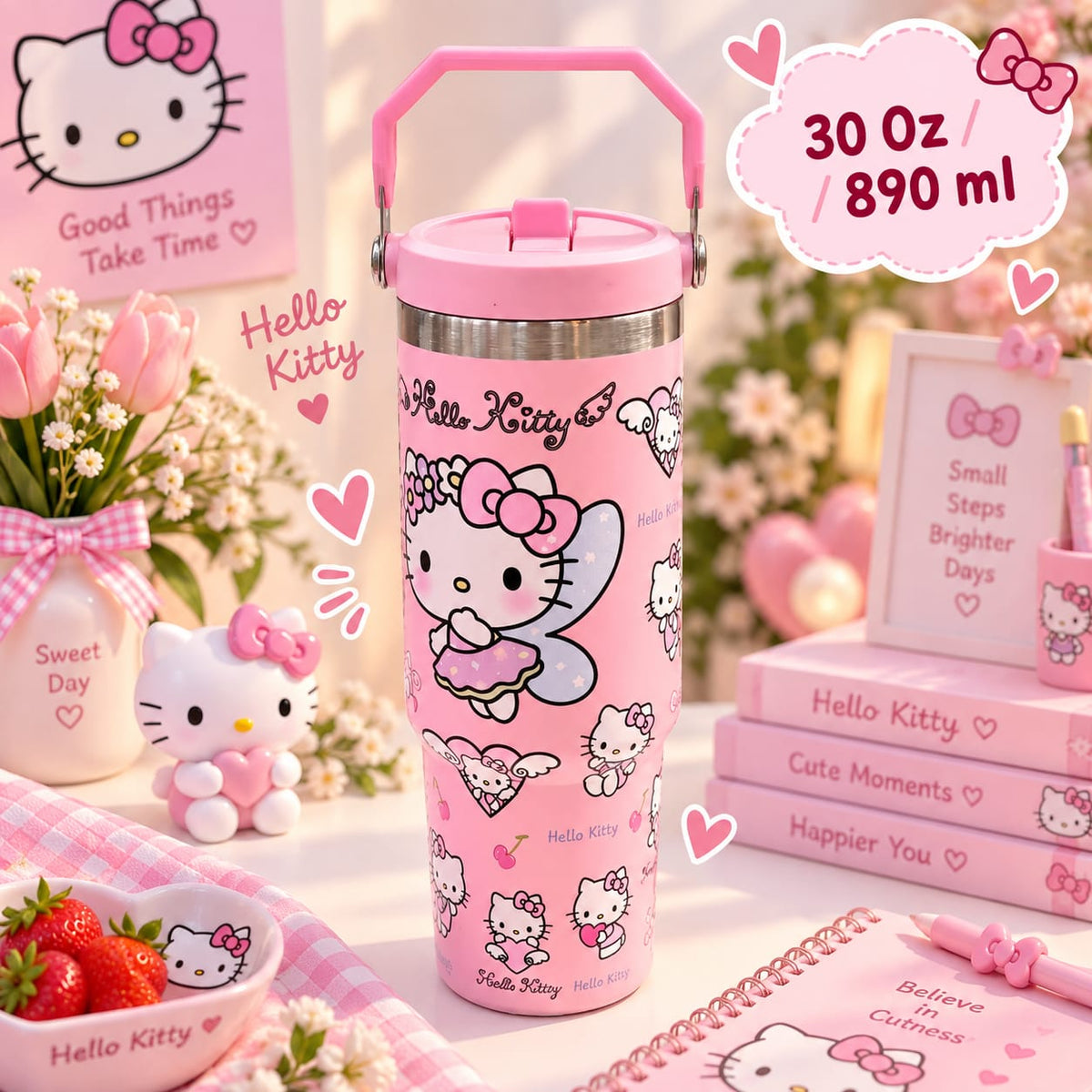 Hello Kitty Stainless Steel Handle Tumblers For Girls - 30 Oz / 890 ml - Hot & Cold