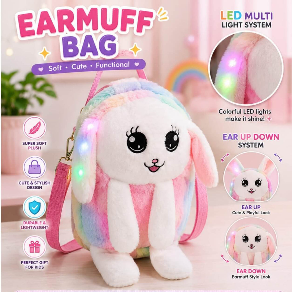 Cute Bunny Ear Moving LED Light Plush Backpack – Soft & Stylish Kids Bag