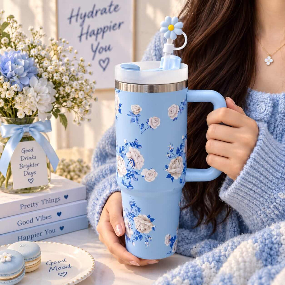 Premium Large Stainless Steel Floral Tumblers - 40 Oz / 1200 ml - Hot & Cold .
