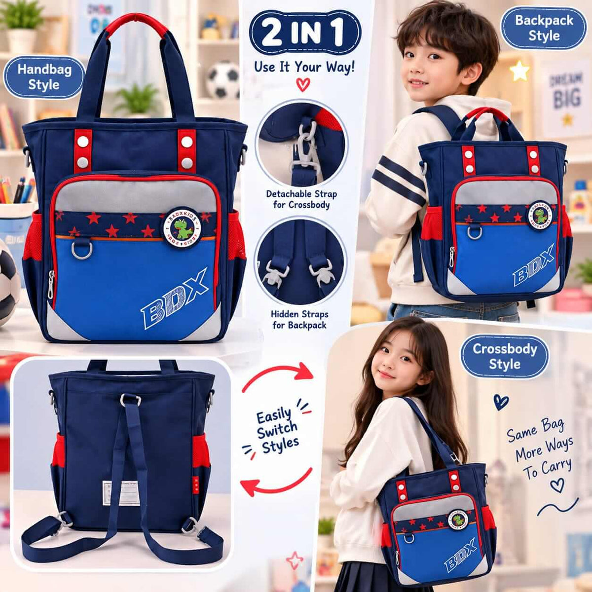 New 2-in-1 Kids Travel Bag & Backpack – Multi-Style –  Size 14 × 12 Inch .