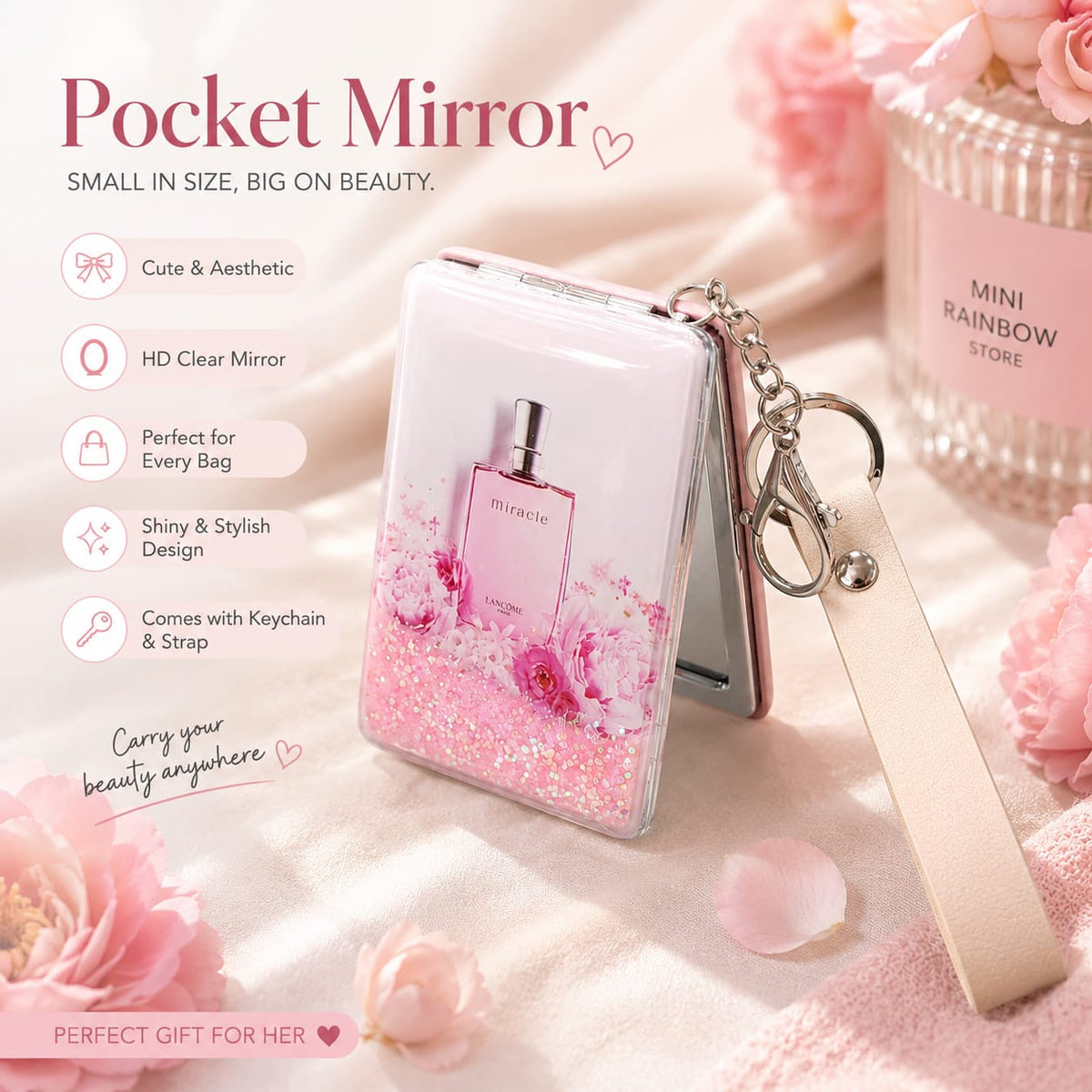 Premium Acrylic Water Glitter Filled Double-Sided Pocket Mirror Keychain – 9 × 6 cm