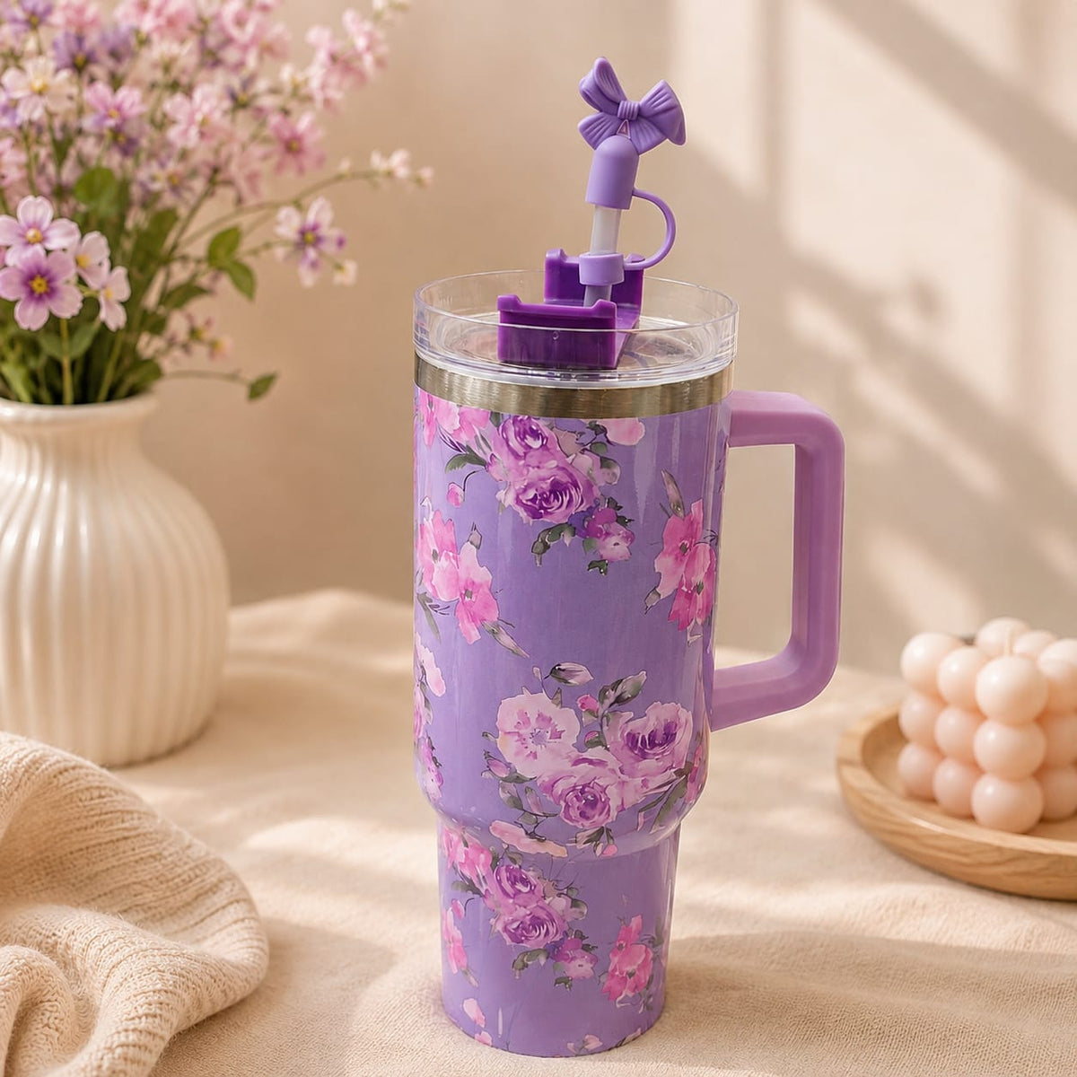 40 Oz Stainless Steel Floral Tumbler with Bow Stopper – Hot & Cold ❄🔥