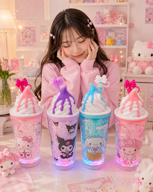 Sanrio Led Light Jelly Frosty Sippers ❄️ Built-in Freezer Gel Cooling 🌈 Color Chaging Lights With Bow Stopper