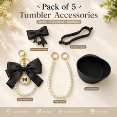 Pack of 5 Tumbler Accessories Set – Pink Bow Edition | Pearl Charm, Silicone Boot & Handle Kit