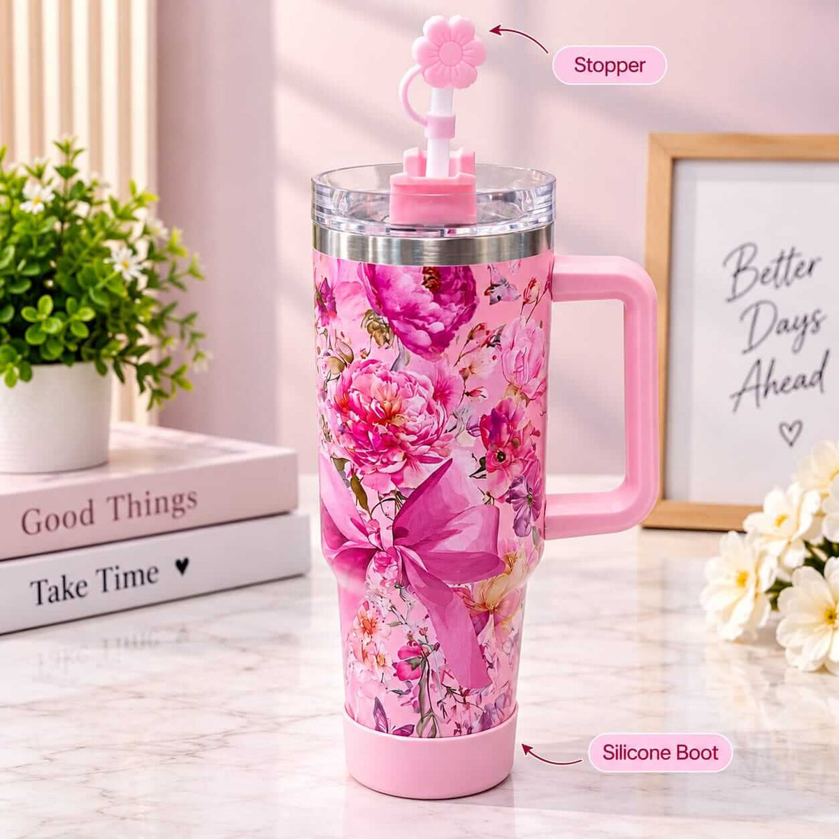 40 Oz Stainless Steel Floral Tumblers with Straw Stopper & Silicone Boot