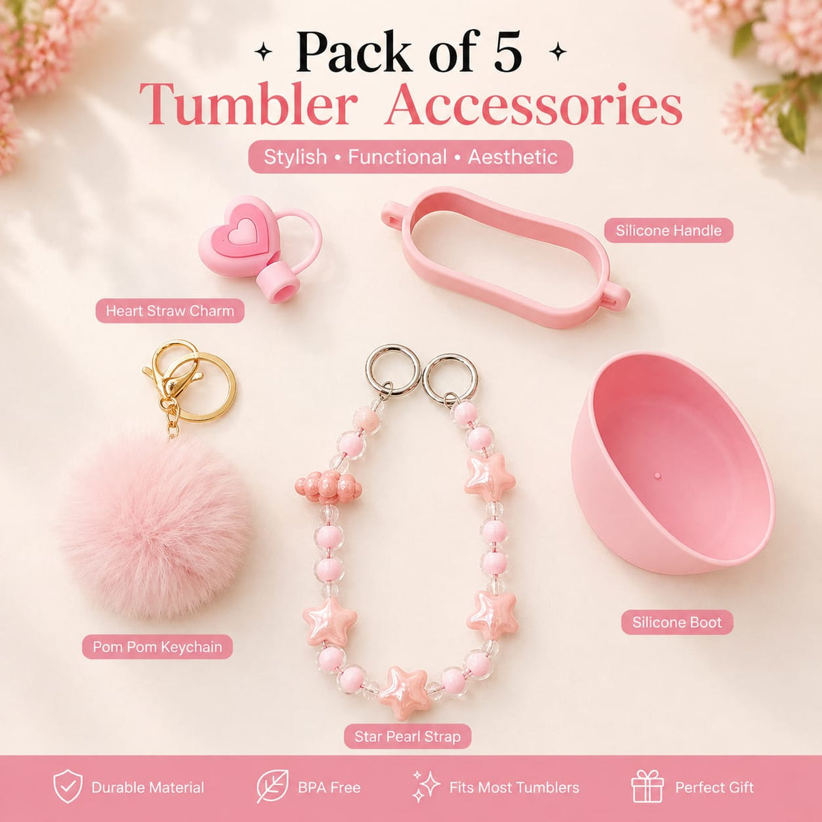 Pack of 5 Tumbler Accessories Set – Pink Bow Edition | Pearl Charm, Silicone Boot & Handle Kit
