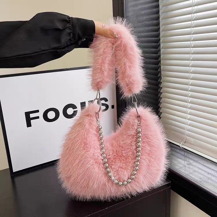 Luxury Faux Fur Plush Shoulder Bag with Pearl Chain Handle | Zipper Pocket