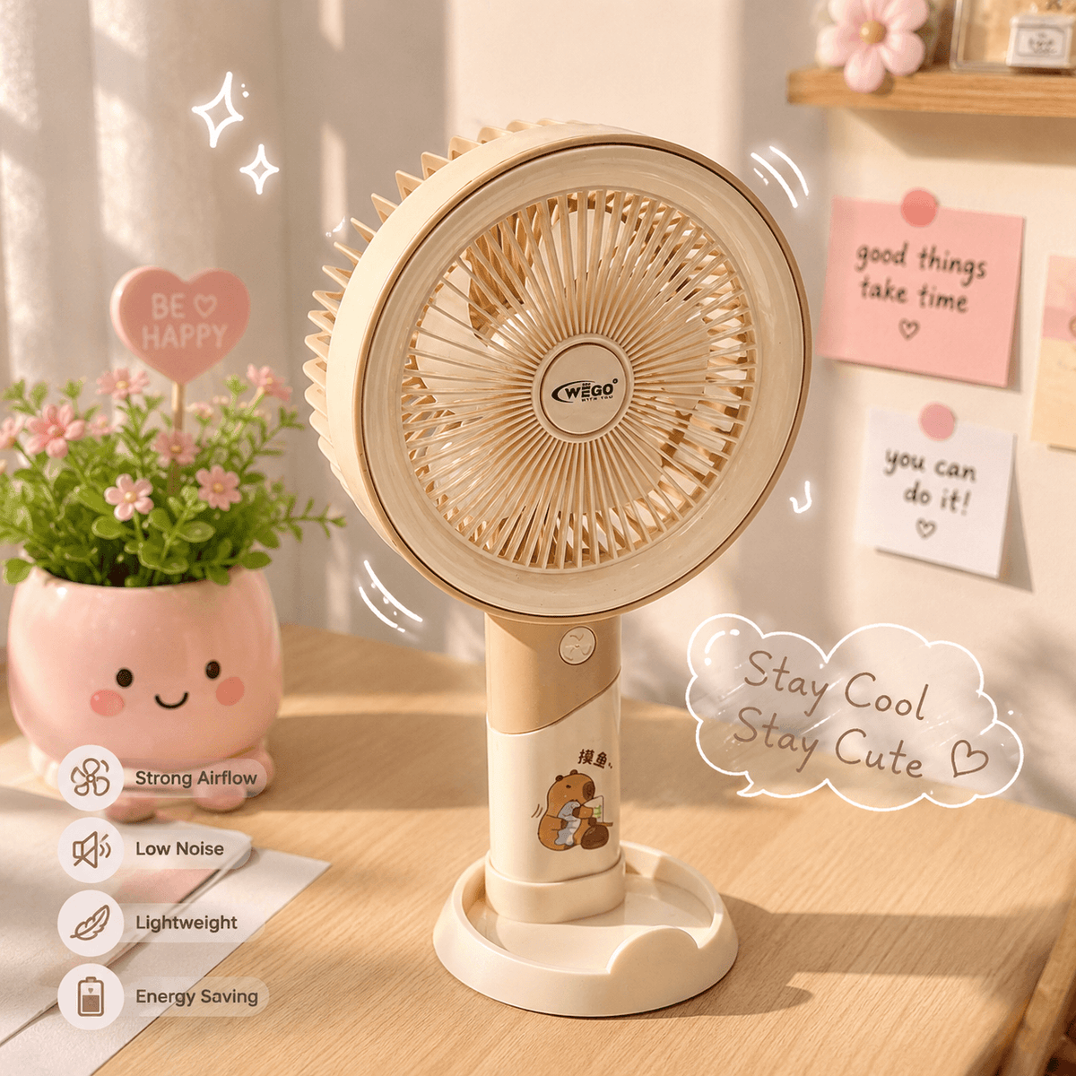 WEGO™ Rechargeable Portable Desk & Hand Fan – 3 Speed | Type-C Charging | 800mAh | Size 9 × 5 Inch