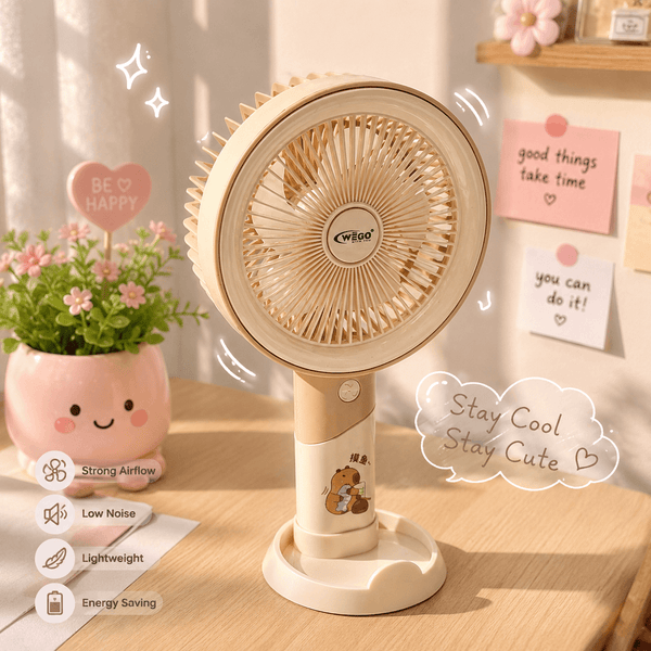 WEGO™ Rechargeable Portable Desk & Hand Fan – 3 Speed | Type-C Charging | 800mAh | Size 9 × 5 Inch