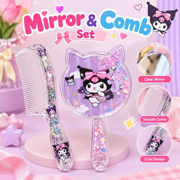 Cute Sanrio Mirror & Comb Set for Girls | Glitter Design | Kawaii Hair Accessories