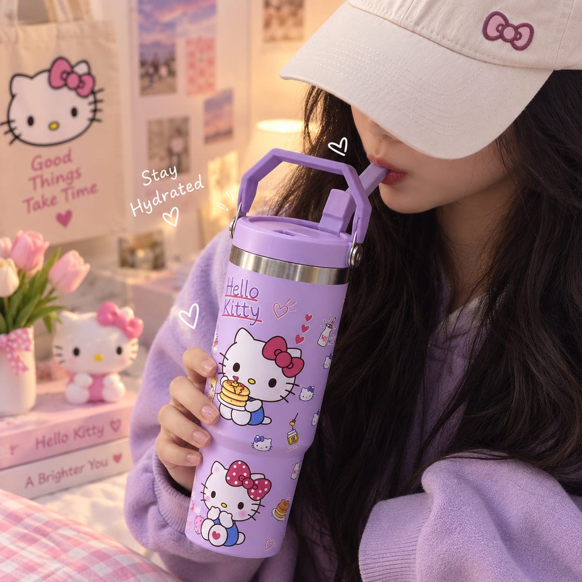 Hello Kitty Stainless Steel Handle Tumblers For Girls - 30 Oz / 890 ml - Hot & Cold