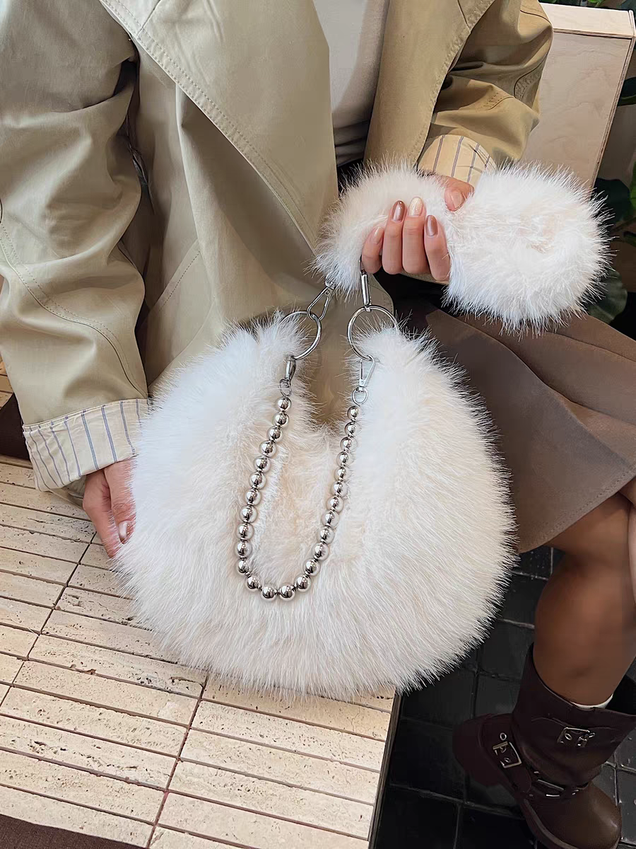 Luxury Faux Fur Plush Shoulder Bag with Pearl Chain Handle | Zipper Pocket