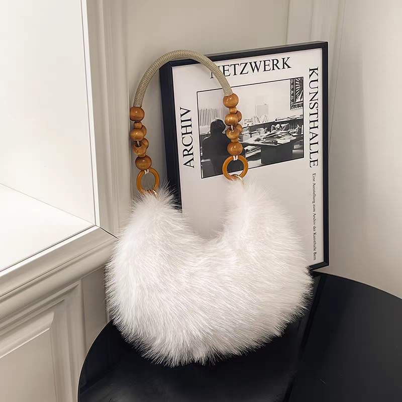 Luxury Faux Fur Plush Shoulder Bag with Wooden Beaded Handle