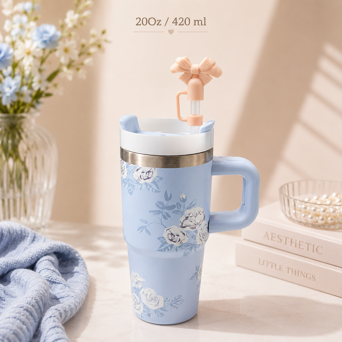 Blossom Floral Small Size Stainless Steel Tumbler + Straw with Bow Stopper ( 2O Oz / 420 ml )