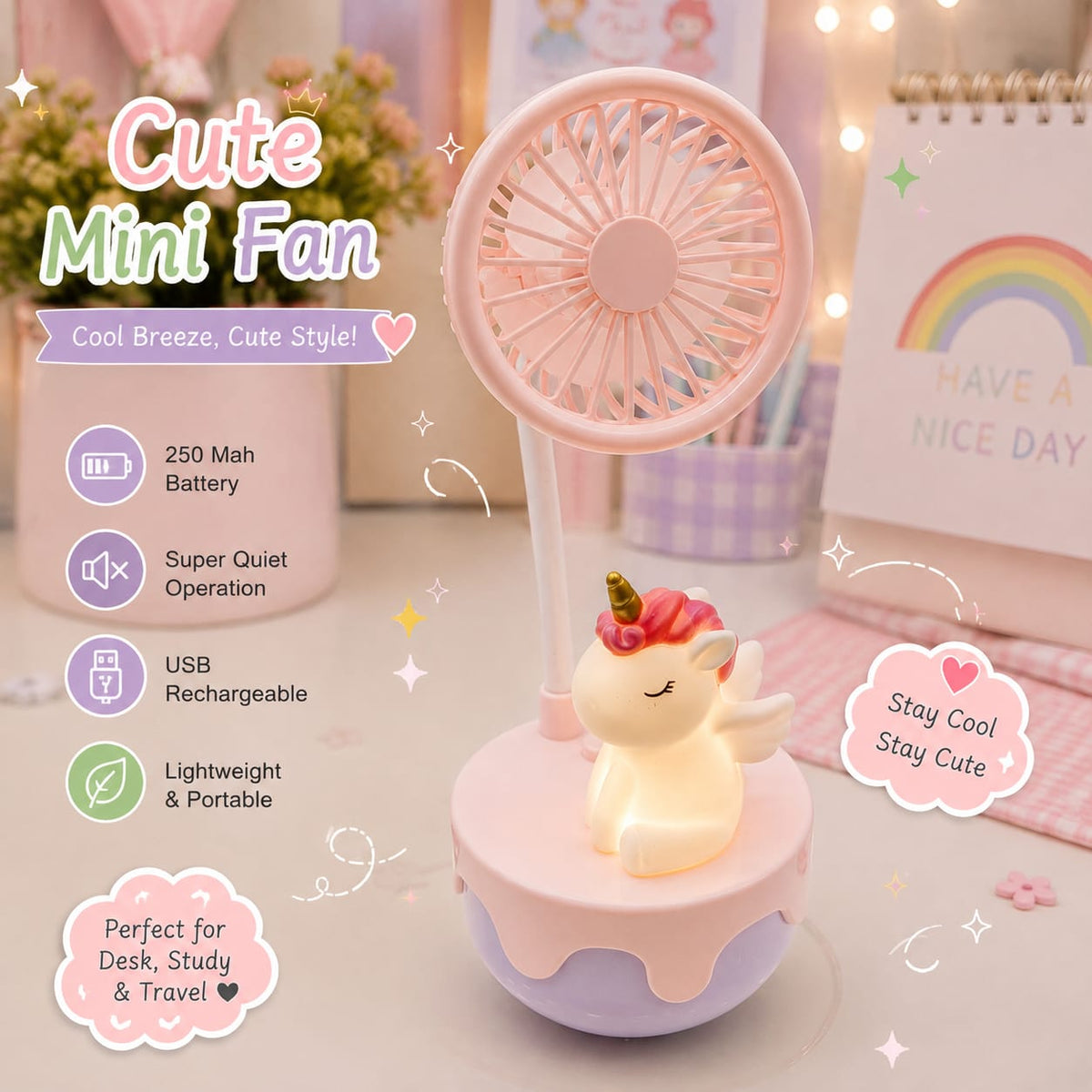 Cute Unicorn Mini Rechargeable Fan with Light – 250 mAh USB Charging