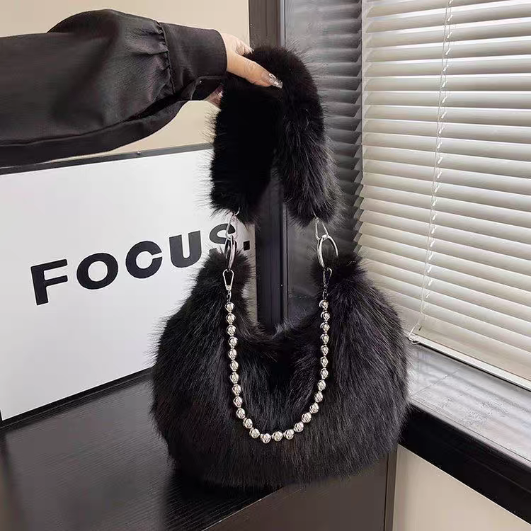 Luxury Faux Fur Plush Shoulder Bag with Pearl Chain Handle | Zipper Pocket